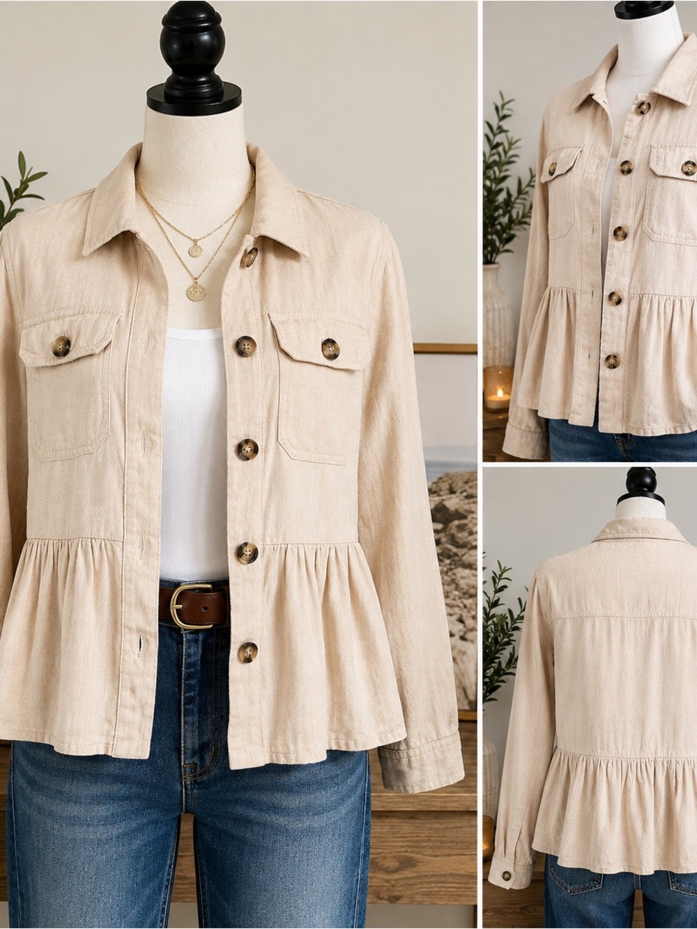 MIAMI Women Large Cotton Linen Jacket Beige Peplum Utility Button Front Shacket